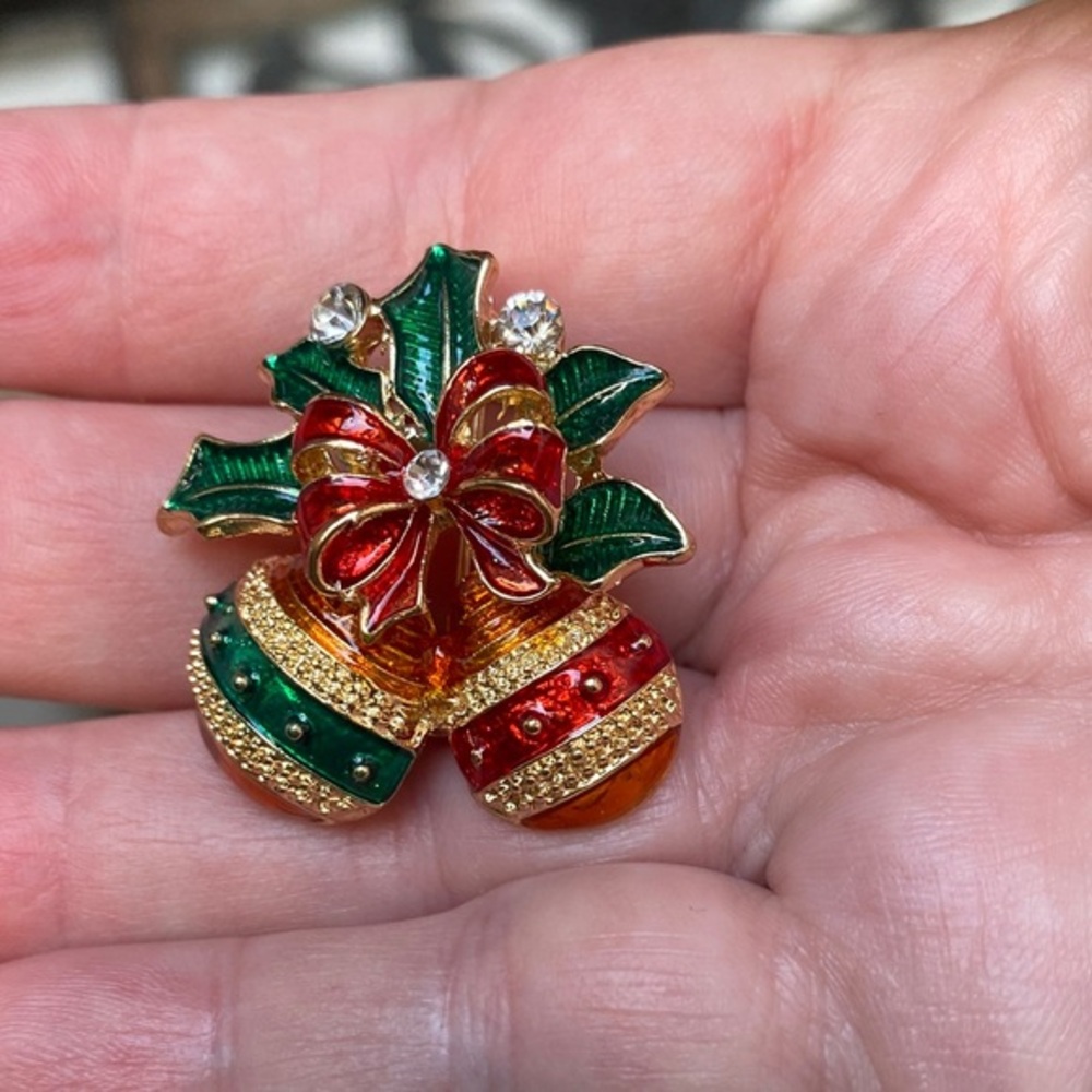 Festive Gold and Red Bell Brooch